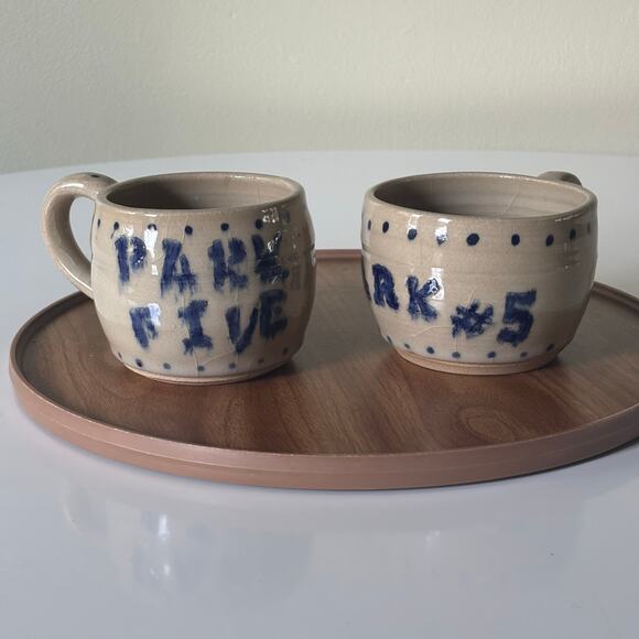 Set of 2 Hand-Thrown Pottery Coffee Mugs “Park 5” Design, Signed RS, Cottagecore - Picture 2 of 16
